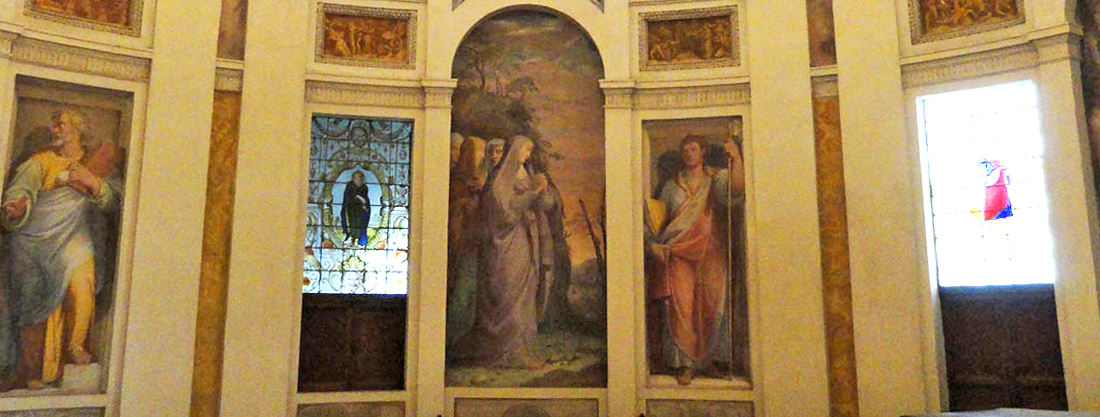 Palazzo Farnese di Caprarola. La Cappella. Il personaggio dipinto sulla destra nell'incasso rettangolare, è l'apostolo Taddeo, in cui notoriamente viene effigiato il pittore Taddeo Zuccari.