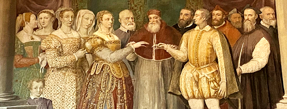 Palazzo Farnese di Caprarola. La Sala dei Fasti. Il matrimonio chiaccherato di Ottavio Farnese e di Margherita d'Austria, figlia naturale dell'imperatore Carlo V. 1538 è la data storica reale in cui avvennero le nozze.