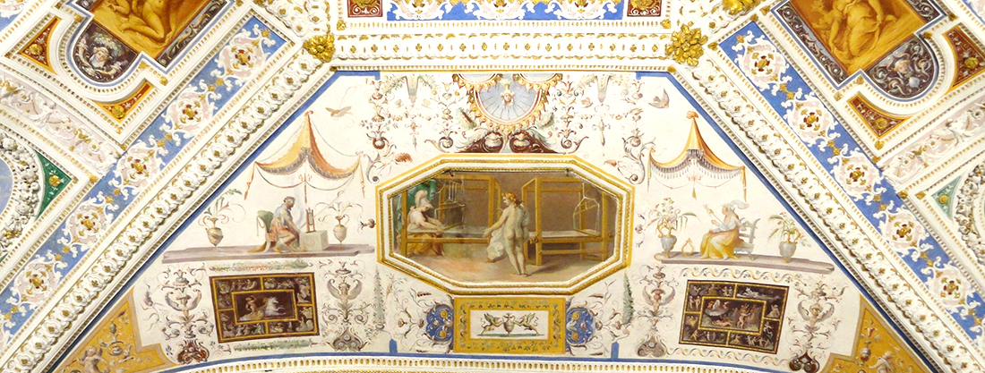 Palazzo Farnese di Caprarola. La Sala dei lanifici. Aracne sfida Atena nell'arte di tessere.