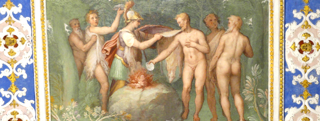 Palazzo Farnese di Caprarola. La Stanza dei lanifici. Atena dà i primi abiti agli uomini che offrono dei sacrifici alla dea, intorno al fuoco di un altare.