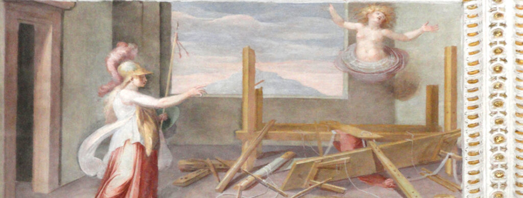 Palazzo Farnese di Caprarola. La Stanza dei Lanifici. Atena, per punizione, trasforma Aracne in ragno. Si dice, era l'unica volta che la saggia Atena perdesse il controllo di sè, dando sfogo ad una incontrollata invidia. Attraverso la finestra s'intravvede l'Olimpo.
