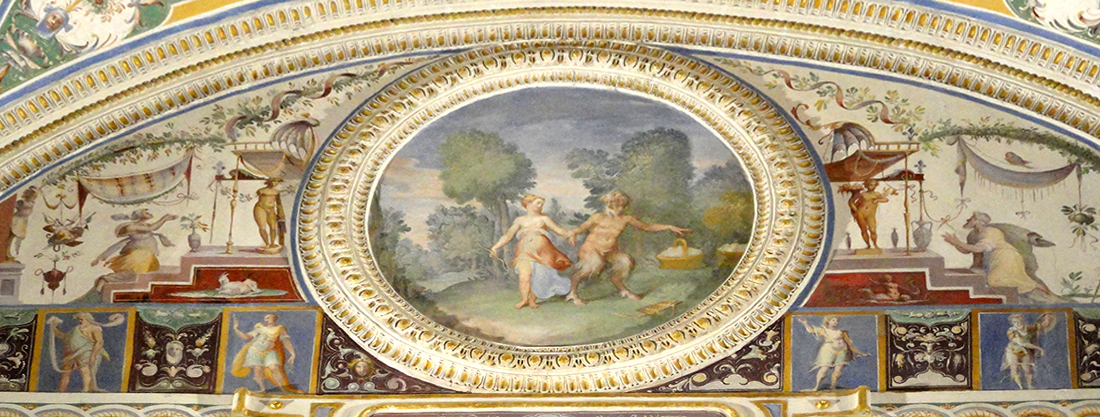 Palazzo Farnese di Caprarola. La Sala dei lanifici. Pan offre cesti di lana a suon di flauto alla ninfa Siringa.