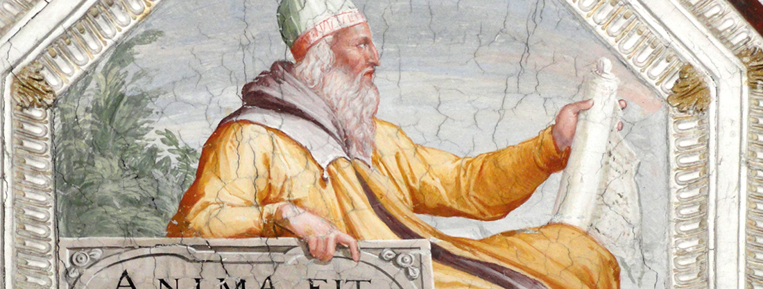 Palazzo Farnese di Caprarola. La Stanza della solitudine o dei filosofi. Entro un ottagono, Aristotele con il motto ANIMA/FIT/SEDENDO ET/QVIESCENDO/PRUDENTIOR - Fermandosi e riposando l'anima diviene più saggia.