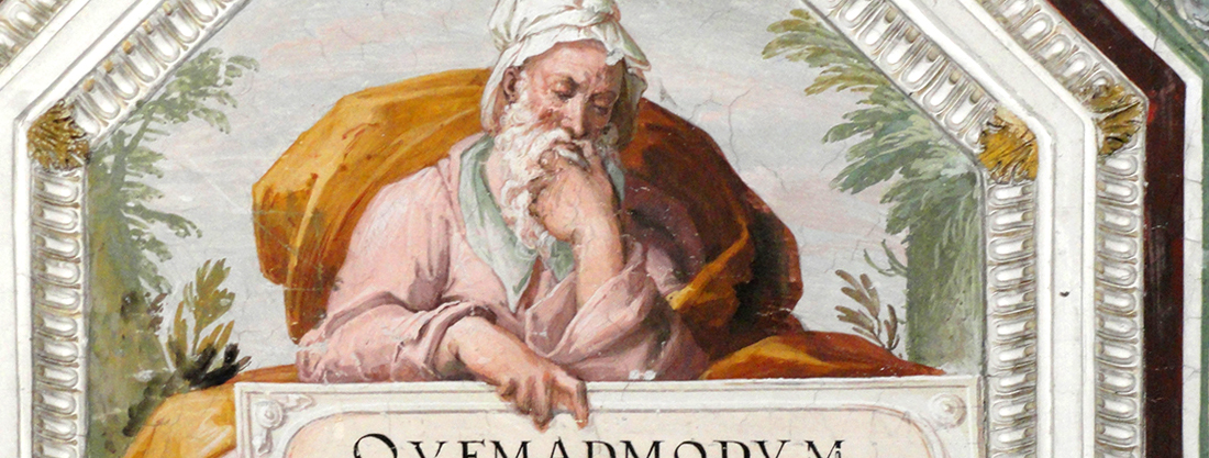 Palazzo Farnese di Caprarola. La Stanza delle solitudine o dei filosofi. Entro un ottagono Catone, con il motto QVEMADOMUM/NEGOTII SIC/ET OTII/RATIO/HABENDA - Allo stesso modo che per l'attività, bisogna avere una ragione per l'inattività.