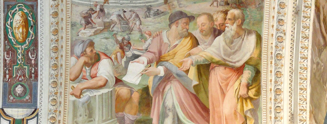 Palazzo Farnese di Caprarola. La Sala di Ercole. La costruzione del Tempio di Ercole sul Monte Venere (non si vede sulla foto). In primo piano nella figura con il compasso con la mano è effigiato il famoso architetto, Jacopo Barozzi detto il Vignola.