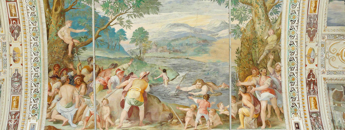 Palazzo Farnese di Caprarola. La Sala di Ercole. La scena principale nella volta, con la creazione leggendaria del lago di Vico da Parte di Ercole. I contadini che persero la sfida lanciata loro da Ercole, guardano meravigliati l'opera: l'acqua che origina il lago. Il Gran Cardinale si identifica con l'eroe mitologico. Il motivo? Ve lo svelerò sul posto.