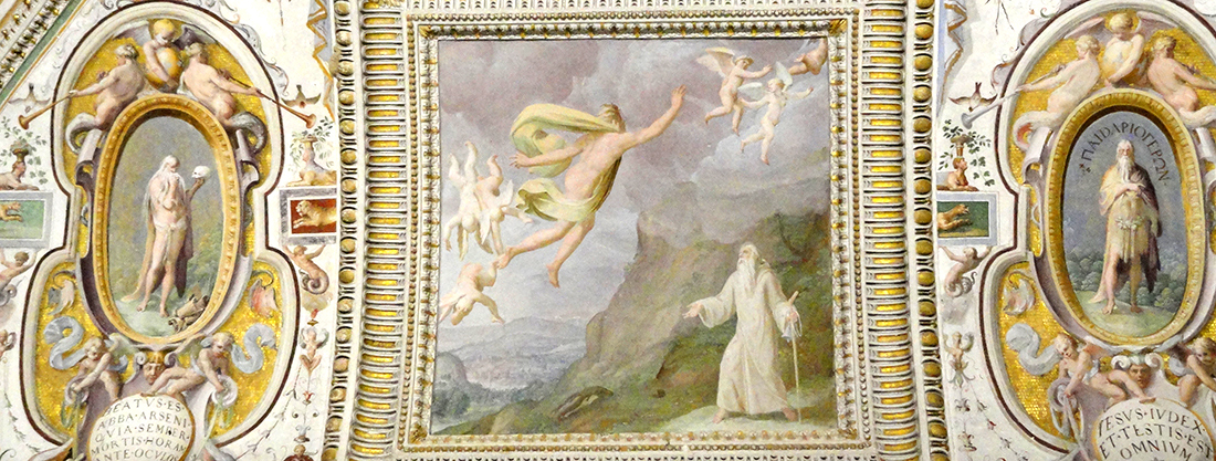Nel riquadro Sant'Antonio abate, con sopra il motto in latino: "Antonio exi et vide" - Antonio, esci e guarda! Tradotto in immagine dal Bertoja nell'eremita che esce (dalla caverna) fissando con lo sguardo i putti che volano verso il cielo, ma alcuni di loro vengono impediti nell'ascendere perché abbattuti da una persona mostruosa. Quest'episodio fu preso secondo il cardinal Sirleto, dalla vita di Sant'Antonio eremita di Anastasio e "rappresenta la visione di anime alcune delle quali impedite da questa persona".