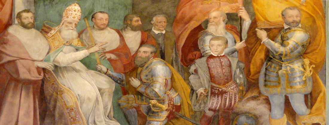 Pierluigi Farnese, il figlio prediletto di papa Paolo III Farnese, nominato generale dell'esercito pontificio da suo padre. La data storica è 1537.